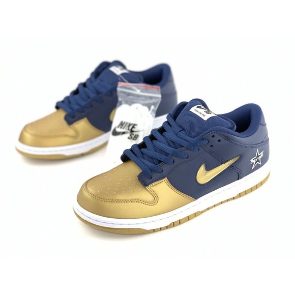 Supreme x Nike SB Dunk Low OG QS Men’s Size 9.5 Navy Gold Jewel - Picture 2 of 12
